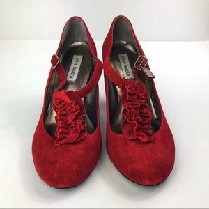 Steve Madden red heels suede ruffled t strap 9